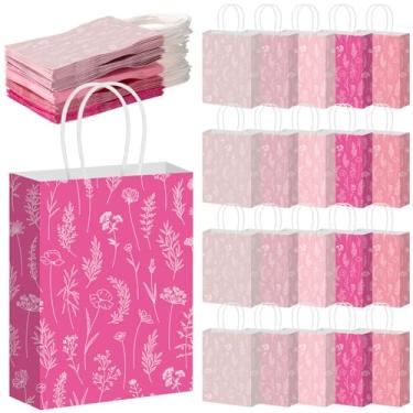 Imagem de Kolldenn 50 peças de sacos de presente de flores silvestres rosa com alças de papel floral bolsa de boas-vindas para convidados de casamento, chá de bebê, lembrancinha de festa de aniversário, 14 x