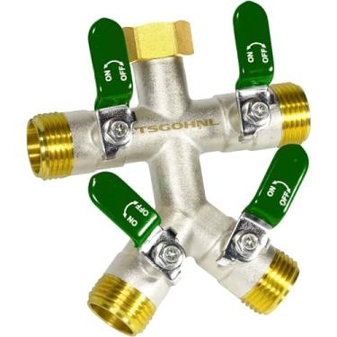 Imagem de TSGOHNL Divisor de mangueira de jardim de latão resistente, torneira externa resistente ao congelamento e ao sol, válvula de 4 vias, niquelada para resistência à ferrugem, 3/10.2 cm GHT (verde)