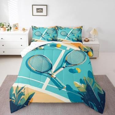 Imagem de Castle Fairy Conjunto de cama casal com raquete de tênis, temática de verão, esportes, jogos, decoração de quarto de crianças, folhas de palmeira, tropical, edredom macio, bola de tênis, 3 peças