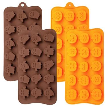 Imagem de Conjunto de moldes de silicone para o Dia das Bruxas, pacote com 4 moldes de chocolate doce fantasma e abóbora para cubos de gelatina, marrom e laranja
