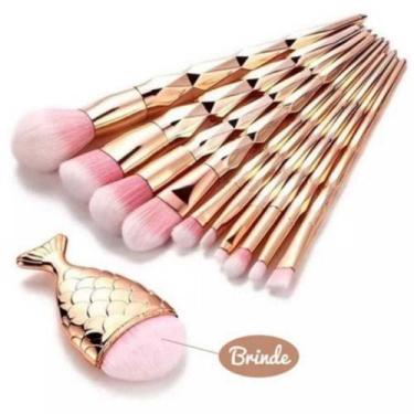 Imagem de Kit Pinceis Maquiagem 10 Peças com Peixinho Cabo Diamante Profissional