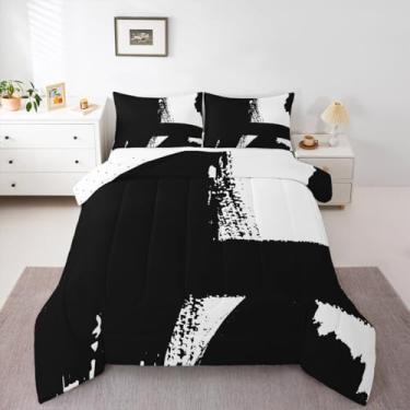 Imagem de Conjunto de cama infantil abstrato, branco, preto profundo, para decoração de quarto de meninos, meninas, adolescentes, arte moderna, conjunto de edredom geométrico, respirável, macio e leve, 3 peças