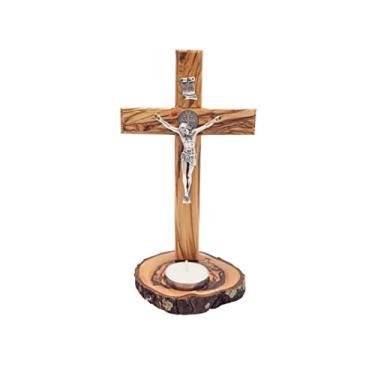 Imagem de Cruz de crucifixo de São Bento em pé de madeira de oliveira e medalha de bênção (20 cm), cruz alterada de mesa de madeira com "base de suporte de vela"