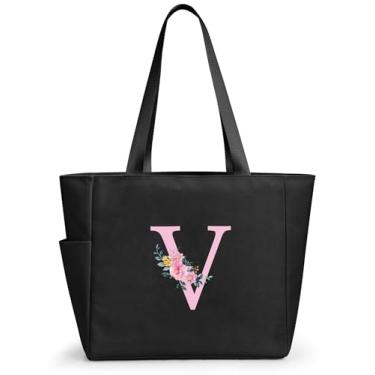 Imagem de KALIDI Sacola de praia personalizada, bolsa de compras com zíper inicial do alfabeto para mãe, professora, amiga, casamento, compras diárias, Preto - V, Large