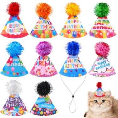Imagem de JpGdn Pacote com 10 mini chapéus de feltro para festa de feliz aniversário com pompons para animais de pelúcia, cães pequenos, cachorrinhos, bonecos, gatos, ajustável, vermelho, rosa, azul, preto