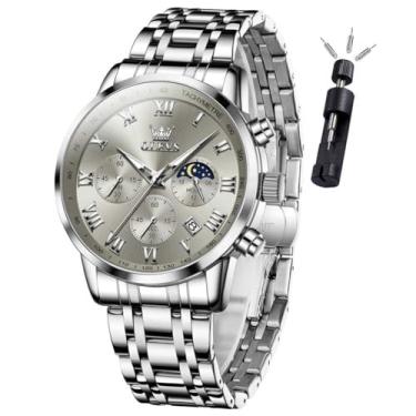 Imagem de OLEVS Relógio masculino de luxo, analógico, quartzo, à prova d'água, luminoso, aço inoxidável, data, dois tons, casual, relógio de pulso masculino, G5529-prata-cinza, round, Relógio de luxo