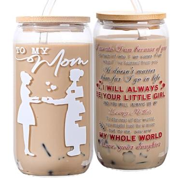 Imagem de AUOIAJAS Presentes de aniversário para mãe da filha, presente para mãe mamãe madrasta, nova mãe, caneca de café de vidro com tampa e canudo 473 ml