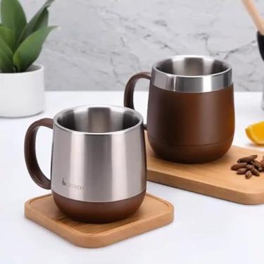 Imagem de Caneca Térmica Parede Dupla em Aço Inox Marrom 350ml com Base Antiderrapante - Estilo Premium