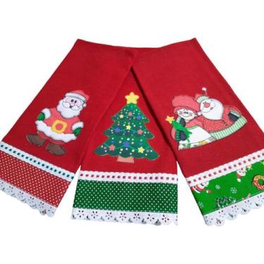 Imagem de Pano de Prato Bordado NATAL Patchwork Kit 3 unidades Vermelho - Santa 