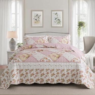 Imagem de NEWLAKE Conjunto de colcha queen, conjunto de colchas, rosa botânico, floral, reversível, leve e respirável para todas as estações, colcha acolchoada macia com 2 fronhas