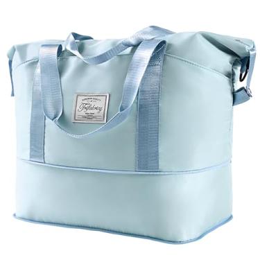 Imagem de Bolsa esportiva – Bolsa de ombro grande para o fim de semana, bolsa de mão com bolso molhado, bolsa esportiva expansível à prova d'água com manga de carrinho, Azul