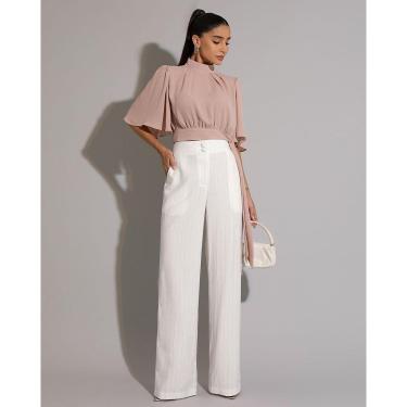 Imagem de Calça Miss Misses Pantalona Risca de Giz Off White - M-Feminino