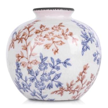 Imagem de Vaso redondo vintage azul e branco marrom, vaso floral azul de porcelana chinoiserie, vasos de flores de cerâmica moderna de meados do século para buquê e decoração de mesa de jantar rústica de casa
