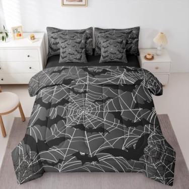 Imagem de Erosebridal Jogo de cama king size de Halloween, 7 peças, cama de morcego gótico em uma bolsa, conjunto de cama de morcego preto voando inclui edredom, conjunto de lençóis, fronhas e fronhas, teias de