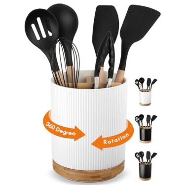 Imagem de LoeJan Porta-utensílios com 3 compartimentos, pote extra grande de 18,2 cm, organizador de utensílios de cerâmica estável, conjunto organizador de ferramentas de cozinha para decoração de casa de fazenda de balcão de cozinha (branco (listras verticais))