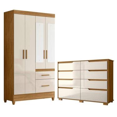 Imagem de Guarda Roupa Solteiro Madri com espelho e Cômoda Georgia Freijó Off White – Moval