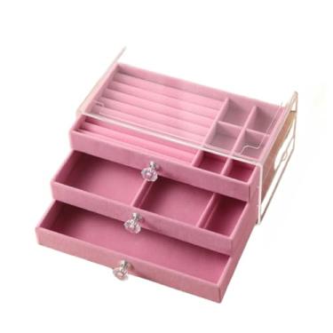 Imagem de Porta Joia Acrílico Luxo Com 3 Camadas Brinco Anel Compartimento caixa de armazenamento de jóias(ROSA)