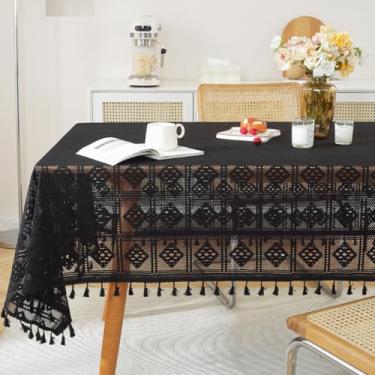 Imagem de KAIJIE Toalha de mesa americana retrô de crochê, capa oca, sem rugas, antidesbotamento, rústica, decoração para cozinha, jantar, Natal, 140 x 200 cm, preta