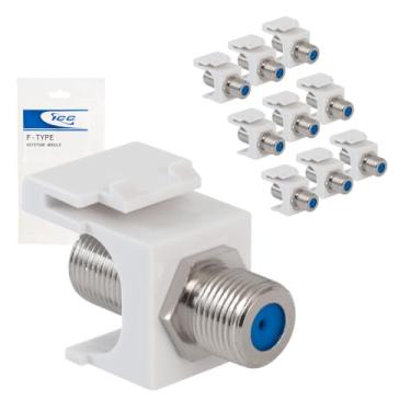 Imagem de ICC Conector Keystone tipo F de 3 GHz com conector coaxial niquelado com núcleo interno azul, extensor de cabo RG6 RG59 fêmea para fêmea, estilo HD para placa de parede em branco, pacote com 10