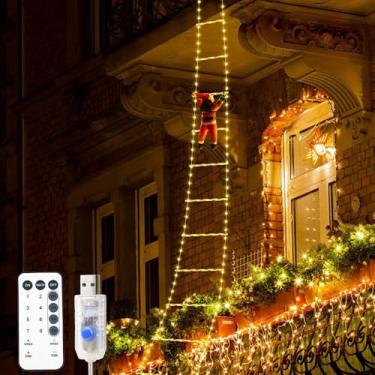 Imagem de Luzes de escada de 1,5 m, luzes decorativas de Natal com Papai Noel, operadas por USB, 8 modos, luzes gigantes de Natal para exterior, janela, jardim, casa, casamento, parede, decoração de árvore de