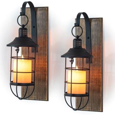 Imagem de Staymoment Suporte de vela de arandelas de parede: conjunto de 2 lanternas de parede de fazenda decoração de madeira marrom decorações internas para sala de estar porta da frente varanda