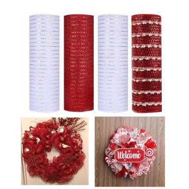Imagem de JStnana 4 rolos de fita de malha decorativa para suprimentos de fabricação de guirlandas de Natal, 25,5 x 7,6 m, malha metálica de serapilheira branca vermelha bola de neve decorada rolos de malha