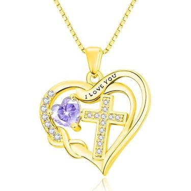 Imagem de VANAODUC Colar feminino com cruz infinita com pedra do mês de nascimento, ouro 14K, ouro branco 18K, ouro rosa, pingente feminino I Love You, presente de aniversário e Natal para sua mãe e esposa