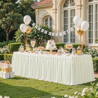 Imagem de Wish Care Saia de mesa de cetim marfim de 4,3 m para mesas retangulares, sem rugas, com glitter, toalha de mesa plissada com babados para casamento, aniversário, chá de bebê, festa, banquete, buffet