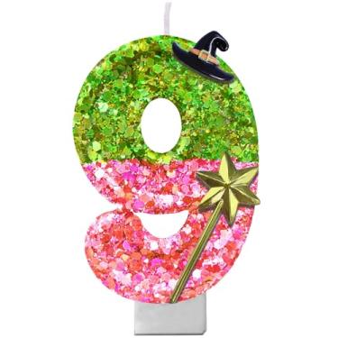 Imagem de Vela com número de aniversário com tema malvado – Vela de glitter rosa e verde com suporte para bolo | Decoração de festa mágica para meninas, adolescentes, fãs de teatro, amantes da Broadway