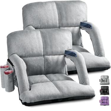 Imagem de Bancos de estádio amplos com suporte para as costas, pacote com 2 cadeiras de arquibancada com encosto e almofada, 6 posições reclináveis, cadeira de estádio com apoios de braço para eventos