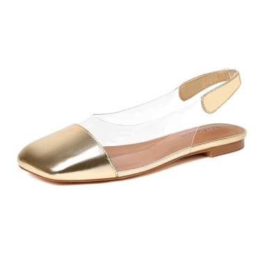 Imagem de Mofirdast Sapato social de couro envernizado, tiras transparentes, bico quadrado, salto baixo, multicolorido, para mulheres, trabalho, casamentos, festas, Dourado, 35