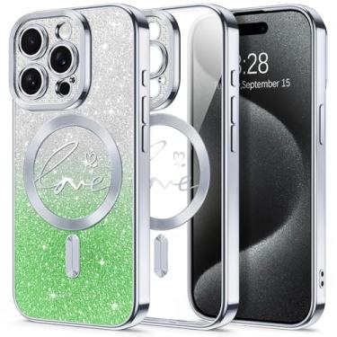 Imagem de Hython Capa com glitter para iPhone 15 Pro Max, compatível com MagSafe Love Heart Magnetic Clear Phone Cases para mulheres e meninas, proteção total da câmera, revestimento brilhante à prova de choque