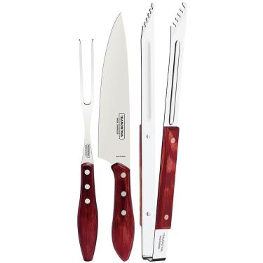 Imagem de Jogo Trinchante Tramontina com Lâminas em Inox e Cabos de Madeira Tratada Polywood Vermelho 3 Peças