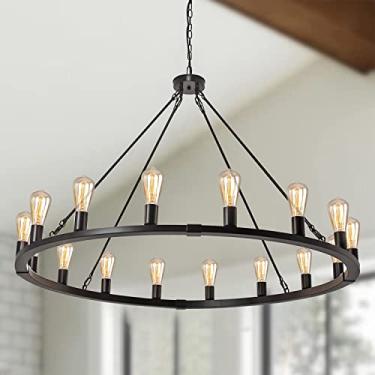 Imagem de Rviezza Lustre de roda de vagão grande de 16 luzes de 122 cm, lustre de fazenda, luminárias pendentes redondas pretas vintage rústicas para cozinha, ilha, sala de jantar, sala de estar, entrada