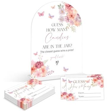 Imagem de Jogos de chá de bebê - Baby in Bloom Guess How Many Doces Are in the Jar Game, 1 placa de acrílico em arco e 50 cartões de adivinhação, jogo de revelação de gênero, suprimentos de decoração floral
