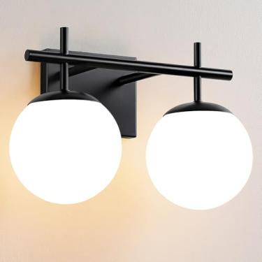 Imagem de AIJIASI Luminária de banheiro preta sobre o espelho, 2 luzes com sombra de vidro fosco branco leitoso, luminárias de casa de fazenda de meados do século para banheiro acima do espelho (exclui lâmpada