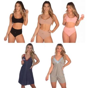 Imagem de Kit 3 Sutiã de Amamentação +3 Calcinha Cós Alto Pós Parto +1 Camisola 