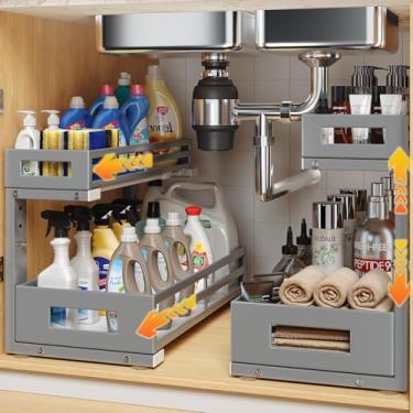 Imagem de Pacote com 2 organizadores e armazenamento embaixo da pia de 43 cm, organizador de armário em forma de L com trilhos deslizantes atualizados, gavetas ajustáveis de altura para cozinha e banheiro