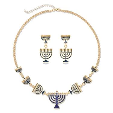 Imagem de PHALIN Colar de Hanukkah, brincos para mulheres, estrela de Davi, menorá, gargantilha, colar, acessórios de chanucá, lindos brincos com pingente de estrela azul, festival de luzes, roupas de joias