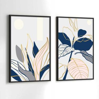 Imagem de Conjunto Quadros Decorativos com Moldura Abstrato Folhas Azul Dourado 