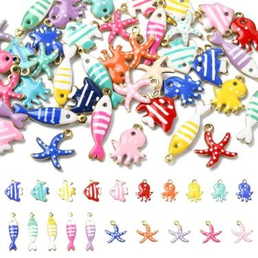 Imagem de UR URLIFEHALL Amuletos de aço inoxidável esmaltados de animais marinhos, 40 peças, 4 estilos, peixes coloridos, estrela-do-mar, polvo, pingentes para fazer joias DIY