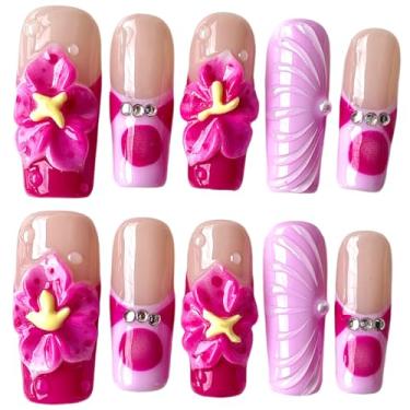 Imagem de Unhas feitas à mão, quadrado médio longo, design floral 3D, base nude com flores vermelhas rosa, detalhes em strass, unhas postiças acrílicas reutilizáveis (flor dupla, M)