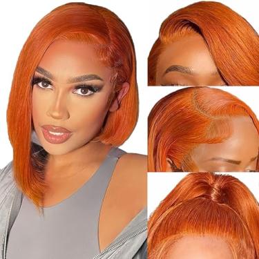 Imagem de Peruca de cabelo humano de gengibre Bob 33 x 10 cm, peruca frontal de renda, 25 cm, curta, lisa, laranja, gengibre, sem cola, pré-arrancada, densidade de 180%, perucas de linha fina natural para