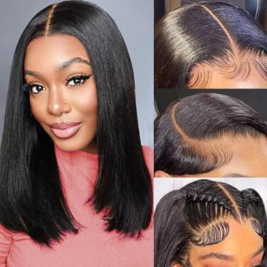 Imagem de Perucas Bob Curtas de Cabelo Humano 10 x 10 Fecho de Renda Perucas de Cabelo Humano Virgem Brasileiro Liso Bob Peruca Frontal para Mulheres Negras Pré-Arrancadas com Cabelo de Bebê Preto Natural