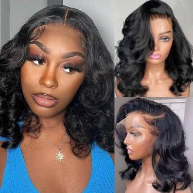 Imagem de Body Wave 13x6 HD Lace Front Wigs Blend Human Hair 180% Densidade Bob Peruca Pré Arrancada Perucas Curtas para Mulheres Negras Peruca Frontal Sem Cola Cabelo Sintético Preto Natural Ondulado (Preto