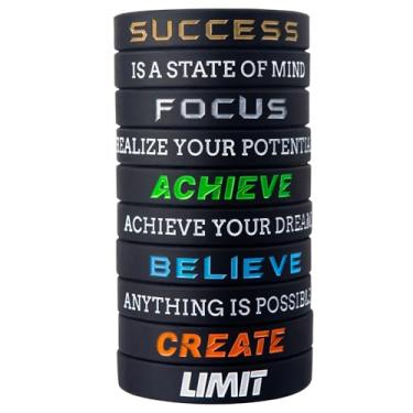 Imagem de 12 pulseiras de silicone motivacionais Success, Achieve, Focus com mensagens inspiradoras para homens e mulheres pulseiras de borracha Elite Athletic Gear