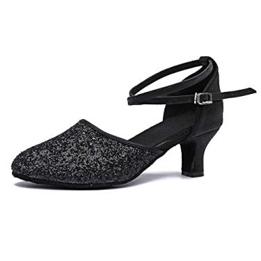 Imagem de MSMAX Sandália feminina de dança latina, salto médio, glitter, festa, dança, Preto, 6 Narrow