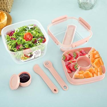 Imagem de QENWKXZ Recipiente de salada com utensílios, caixa de salada à prova de vazamento com bandeja de 3 compartimentos, lancheira reutilizável para salada com copo de molho de salada, tigela de salada