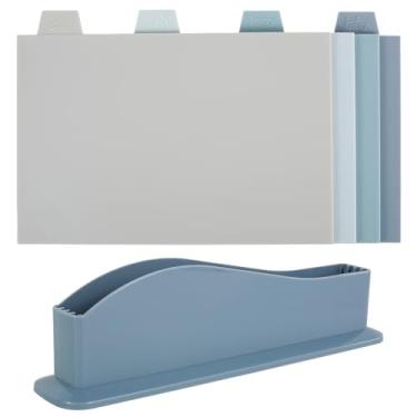 Imagem de 4 peças de tábua de corte com suporte e índice codificado por cores, conjunto de tábuas de corte reversível, placa de corte de plástico para cozinha, tapete empilhável para vários alimentos