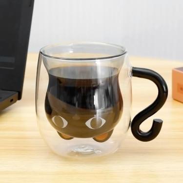 Imagem de QENWKXZ Canecas de gato fofas de vácuo duplo xícaras de chá fofas com alça 250-300 ml Caneca de café de vidro de gato resistente à temperatura, caneca de água de vidro isolada para amantes de gatos,